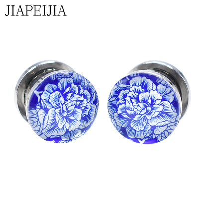 Blue & White Porcelain Ear Tunnels & Plugs – Stainless Steel Expander Jewelry