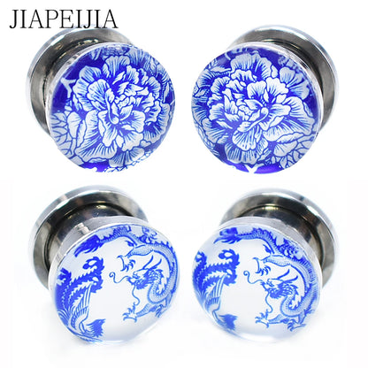 Blue & White Porcelain Ear Tunnels & Plugs – Stainless Steel Expander Jewelry