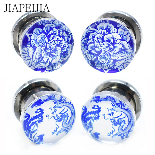 Blue & White Porcelain Ear Tunnels & Plugs – Stainless Steel Expander Jewelry