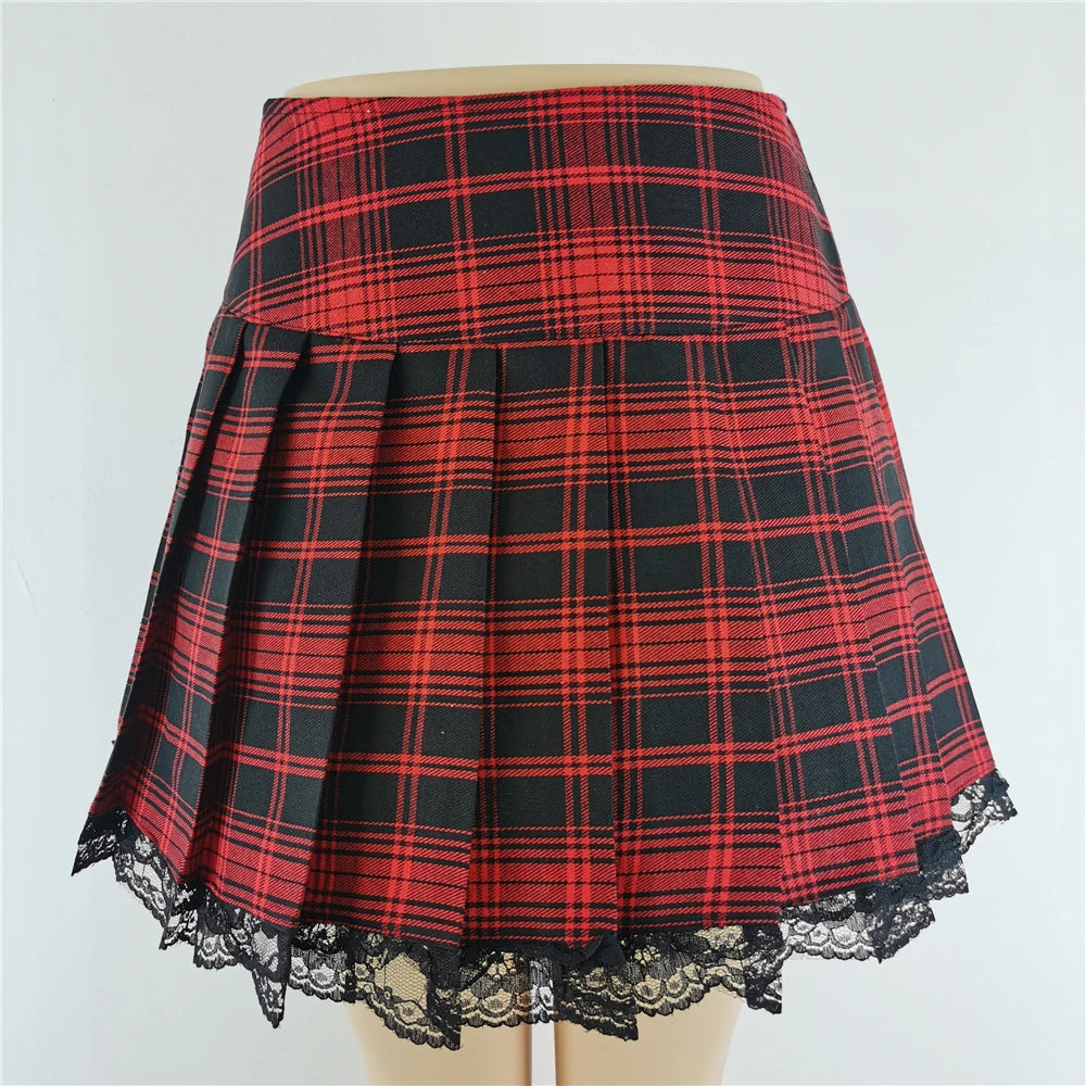 Gothic Plaid Lace Mini Skirt – Y2K Punk Harajuku Skater Style
