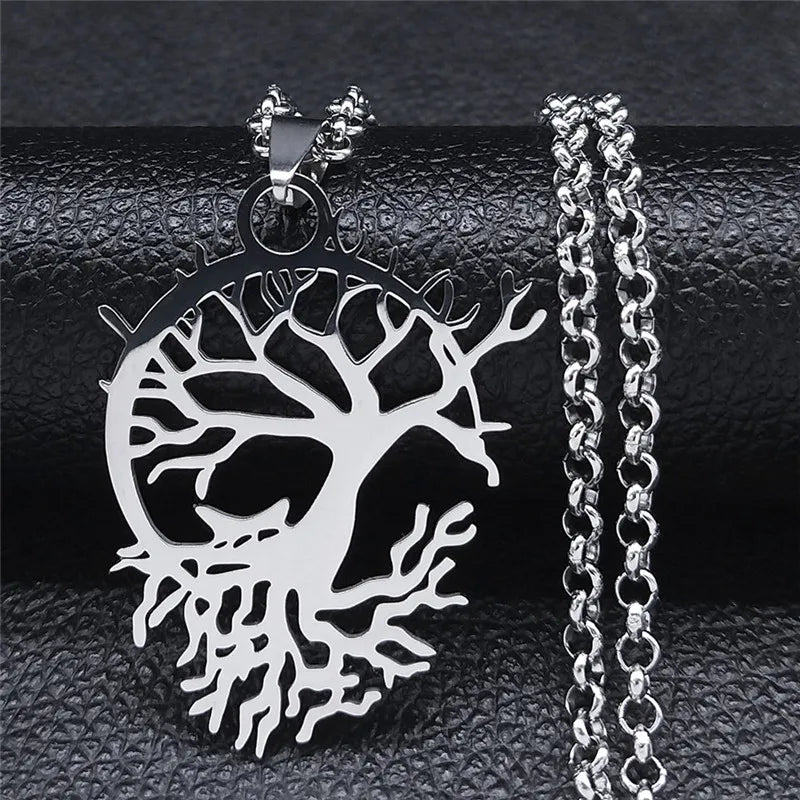 Tree of Life Stainless Steel Necklace – Black Long Pendant for Men & Women