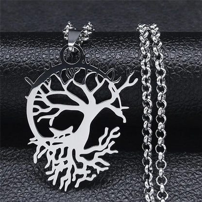 Tree of Life Stainless Steel Necklace – Black Long Pendant for Men & Women