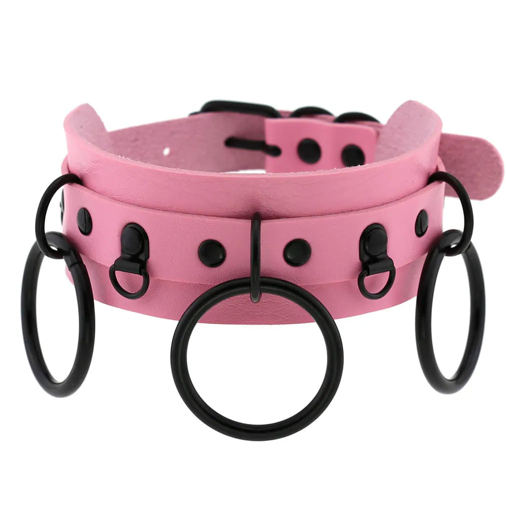Goth Pink Leather Choker – Punk Spiked Rivet Collar Necklace