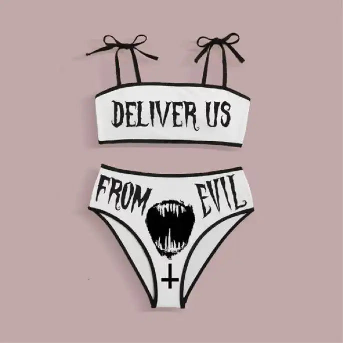 Punk Gothic Skull Print Bikini Set – V-Neck High Waist Swimwear