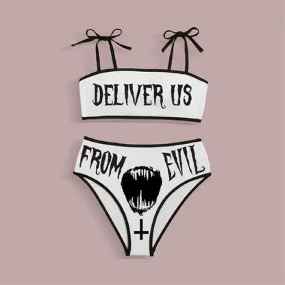 Punk Gothic Skull Print Bikini Set – V-Neck High Waist Swimwear