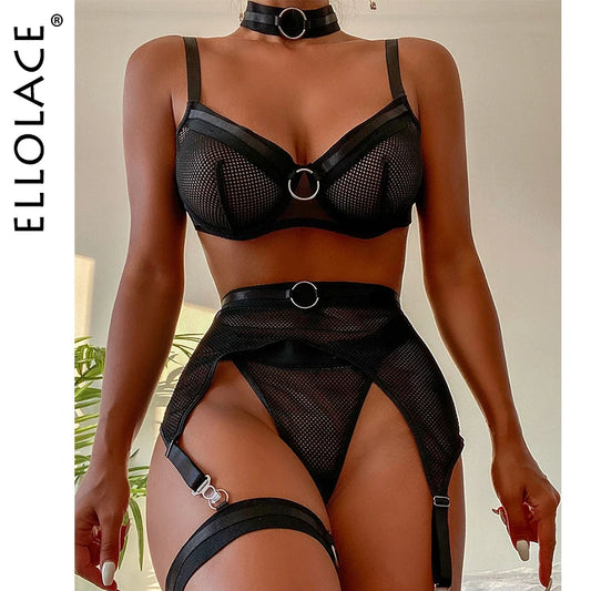 Four-Piece Lace Lingerie Set – Transparent Bra, Thong & Garter Outfit