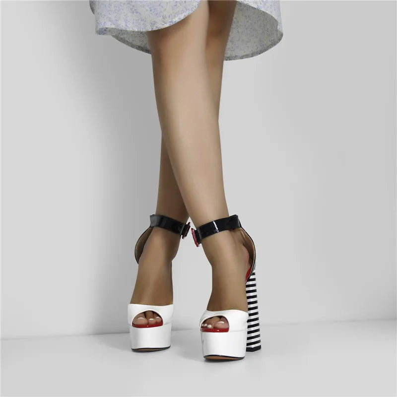 Black & White Stripe Chunky Platform Heels – Peep Toe Ankle Strap Sandals