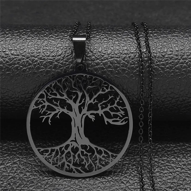 Tree of Life Stainless Steel Necklace – Black Long Pendant for Men & Women
