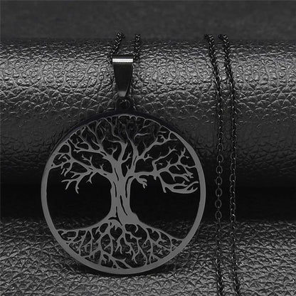 Tree of Life Stainless Steel Necklace – Black Long Pendant for Men & Women