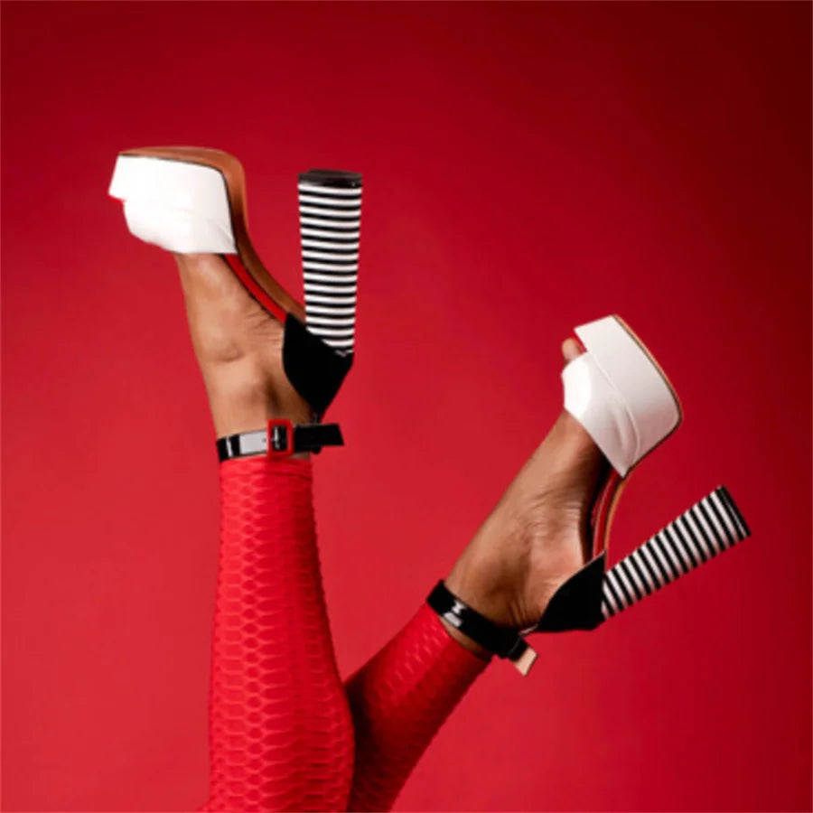 Black & White Stripe Chunky Platform Heels – Peep Toe Ankle Strap Sandals