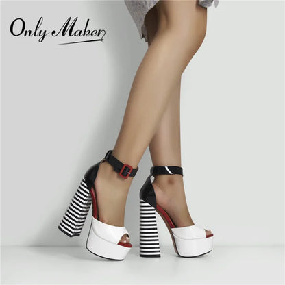 Black & White Stripe Chunky Platform Heels – Peep Toe Ankle Strap Sandals