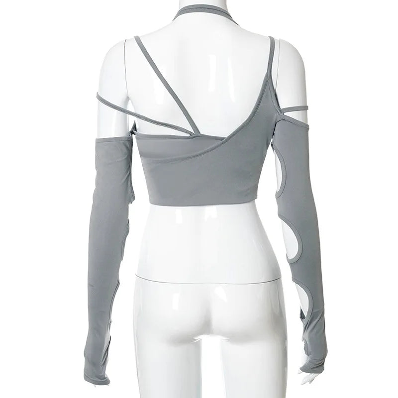 Goth Dark Cyber Y2K Halter Crop Top – Patchwork Long Sleeve Cut-Out Tee