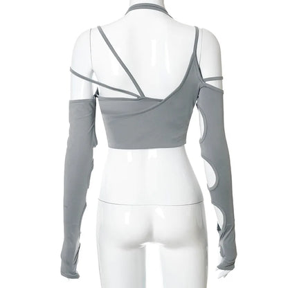 Goth Dark Cyber Y2K Halter Crop Top – Patchwork Long Sleeve Cut-Out Tee