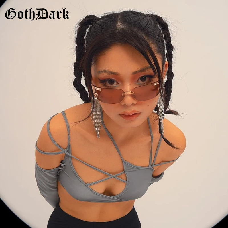 Goth Dark Cyber Y2K Halter Crop Top – Patchwork Long Sleeve Cut-Out Tee