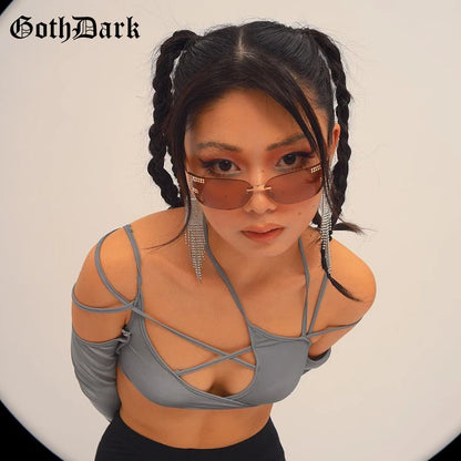Goth Dark Cyber Y2K Halter Crop Top – Patchwork Long Sleeve Cut-Out Tee