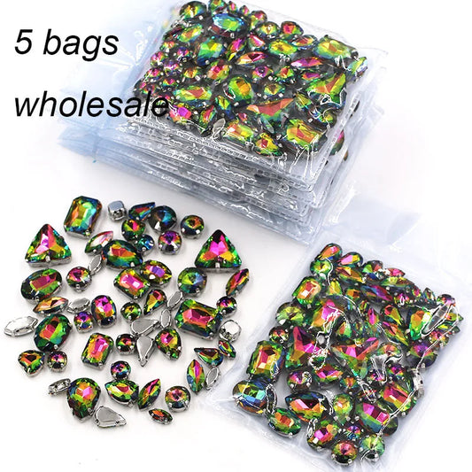 Wholesale Rainbow Glass Rhinestones – 5 Bags Mixed Shapes (Sew-On)