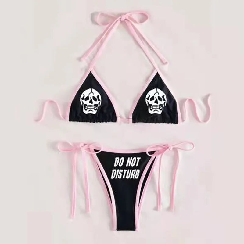 Punk Gothic Skull Print Bikini Set – V-Neck High Waist Swimwear