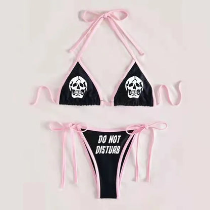 Punk Gothic Skull Print Bikini Set – V-Neck High Waist Swimwear