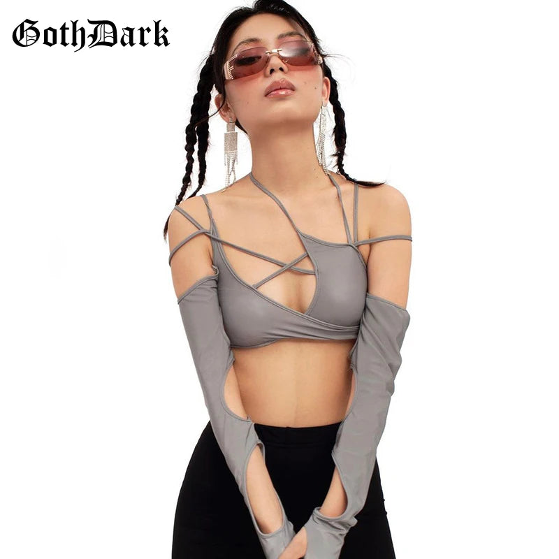 Goth Dark Cyber Y2K Halter Crop Top – Patchwork Long Sleeve Cut-Out Tee