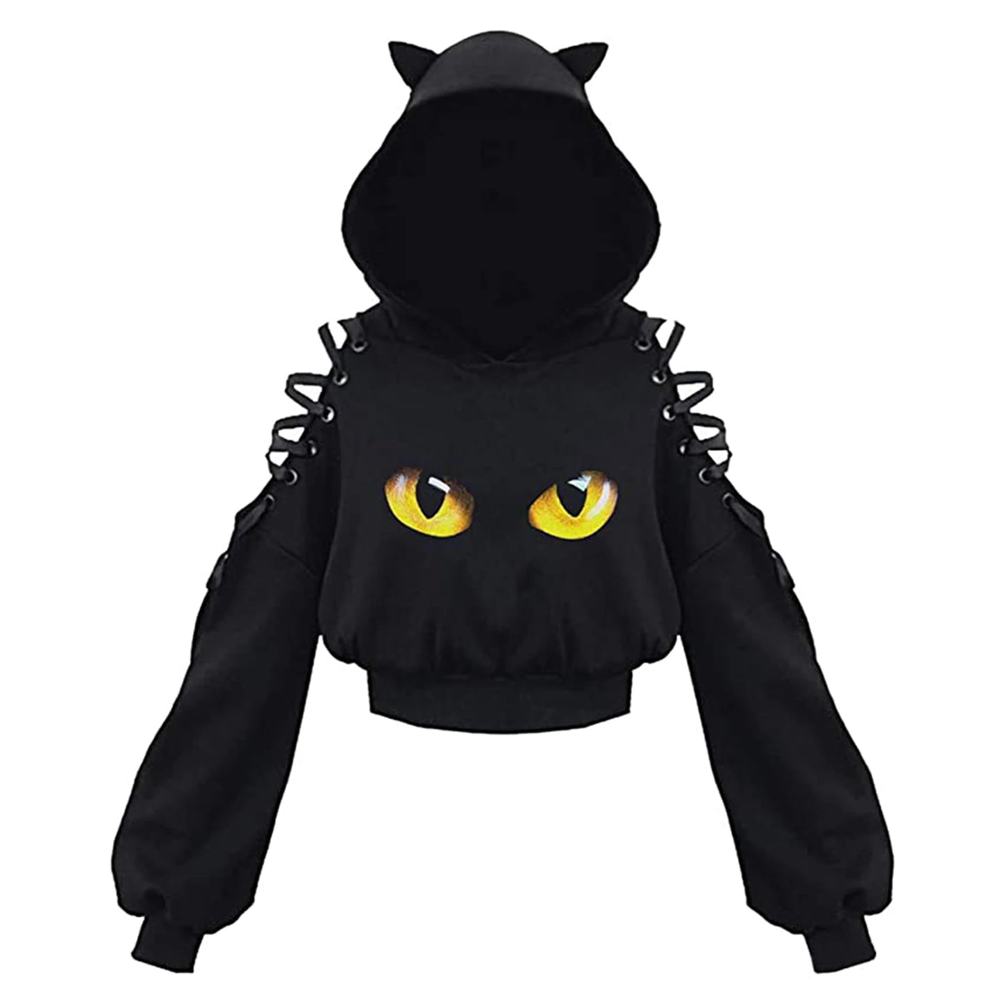 Kawaii Cat Ear Gothic Hoodie – Harajuku Cold Shoulder Bandage Sweatshirt