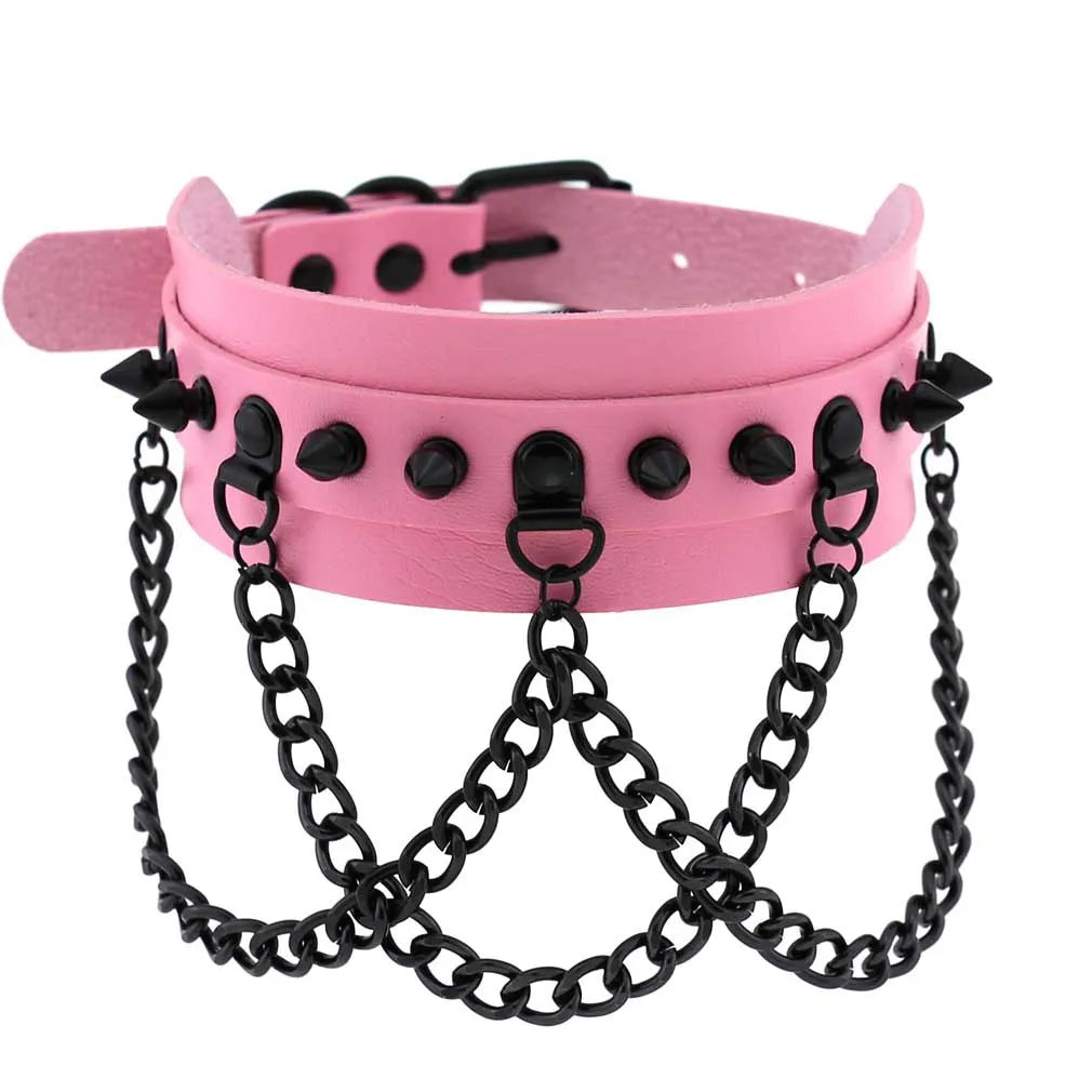 Goth Pink Leather Choker – Punk Spiked Rivet Collar Necklace