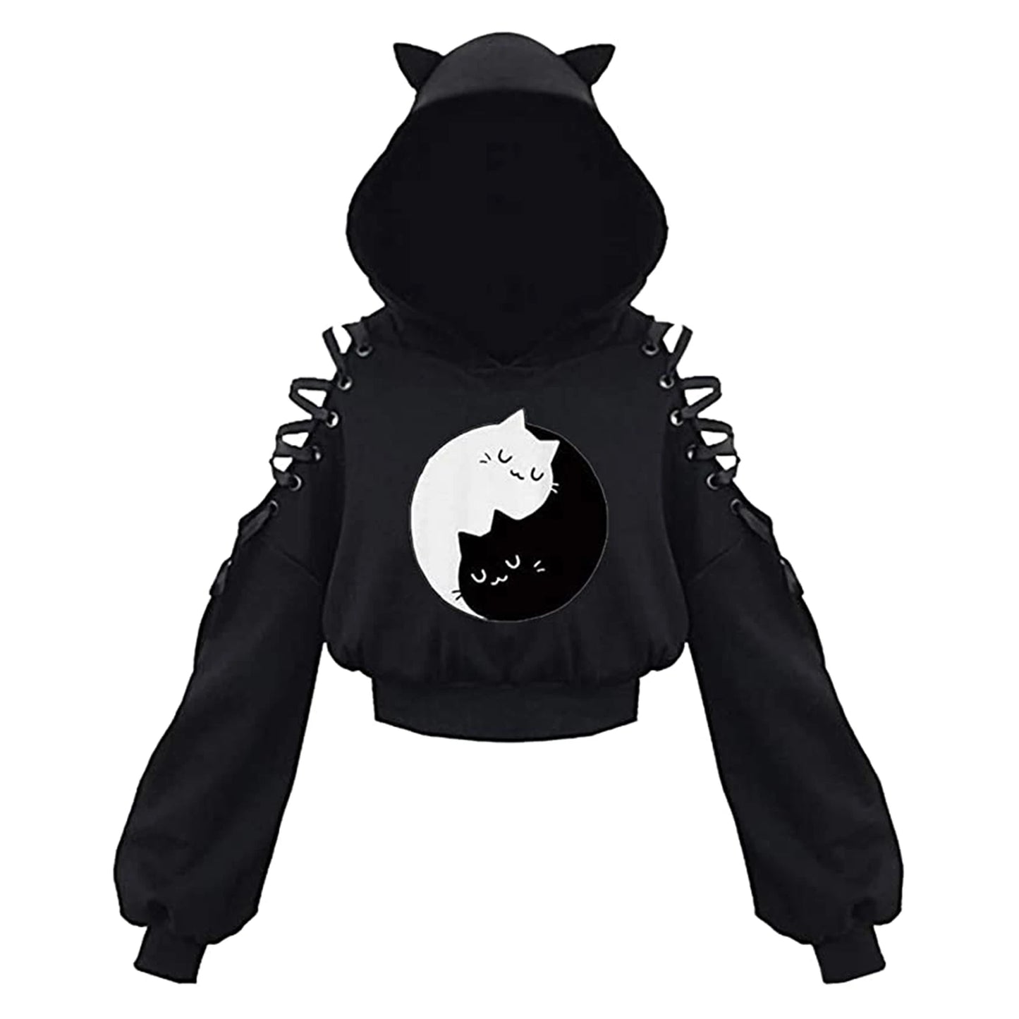 Kawaii Cat Ear Gothic Hoodie – Harajuku Cold Shoulder Bandage Sweatshirt