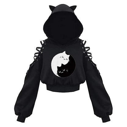 Kawaii Cat Ear Gothic Hoodie – Harajuku Cold Shoulder Bandage Sweatshirt