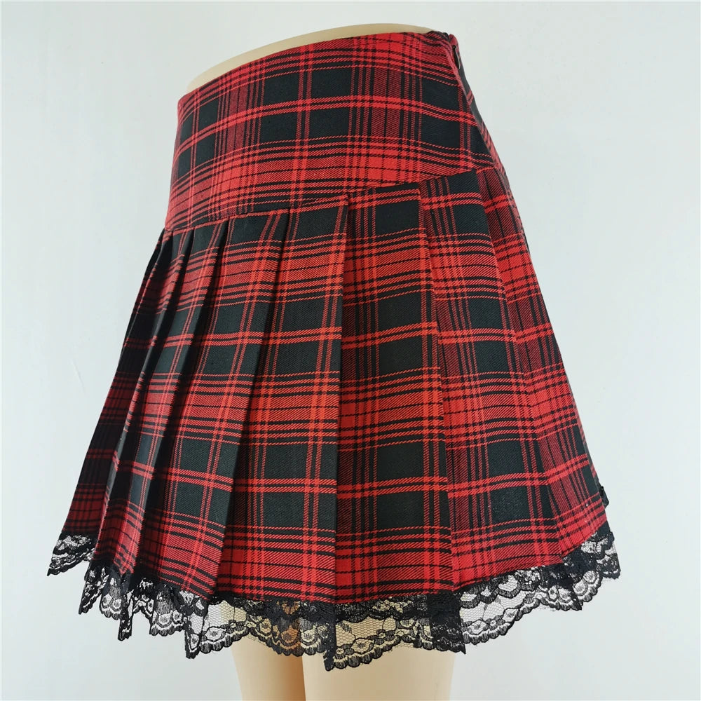 Gothic Plaid Lace Mini Skirt – Y2K Punk Harajuku Skater Style