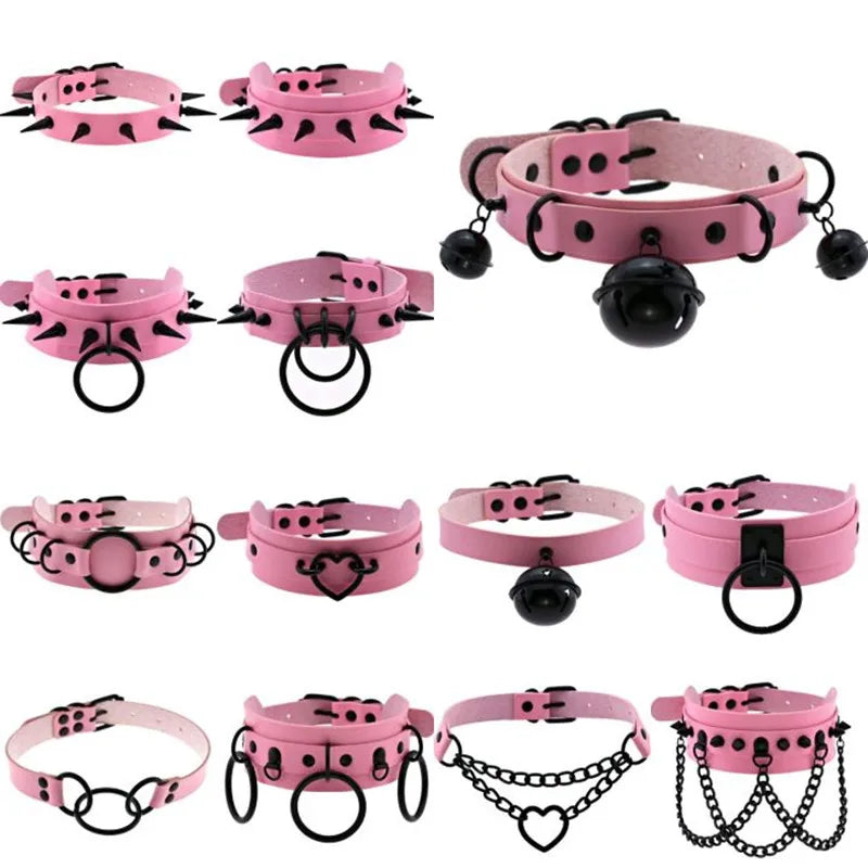 Goth Pink Leather Choker – Punk Spiked Rivet Collar Necklace