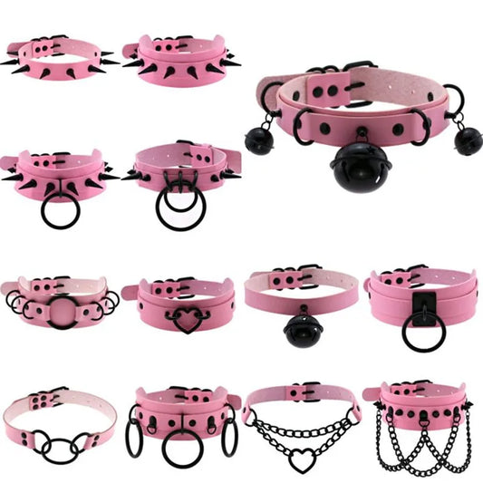 Goth Pink Leather Choker – Punk Spiked Rivet Collar Necklace
