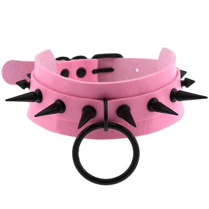 Goth Pink Leather Choker – Punk Spiked Rivet Collar Necklace