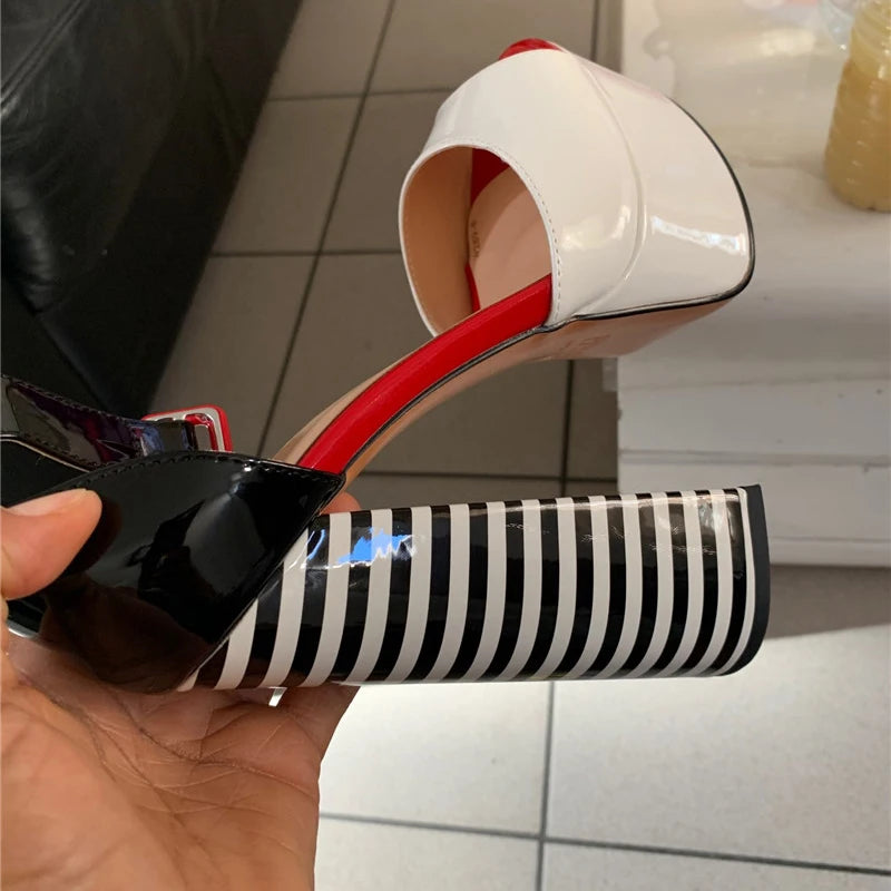 Black & White Stripe Chunky Platform Heels – Peep Toe Ankle Strap Sandals