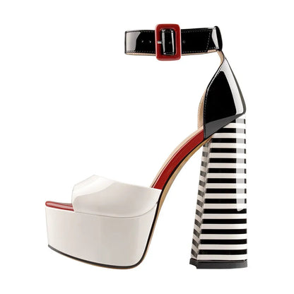 Black & White Stripe Chunky Platform Heels – Peep Toe Ankle Strap Sandals