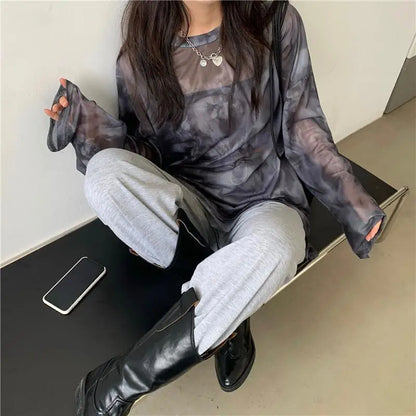 Women’s Tie-Dye Long Sleeve T-Shirt – Loose Minimalist Harajuku Top