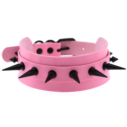Goth Pink Leather Choker – Punk Spiked Rivet Collar Necklace