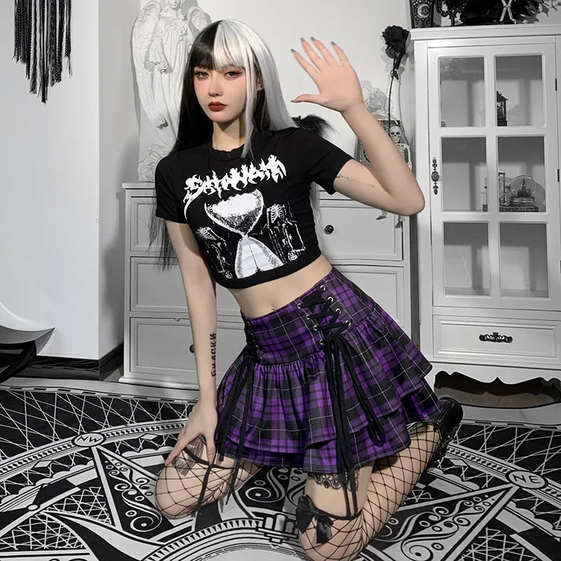 Black Checkered Pleated Gothic Mini Skirt – Punk Plaid Lace-Up Clubwear