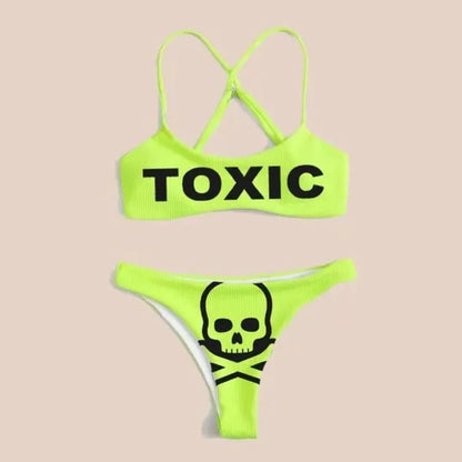 Punk Gothic Skull Print Bikini Set – V-Neck High Waist Swimwear