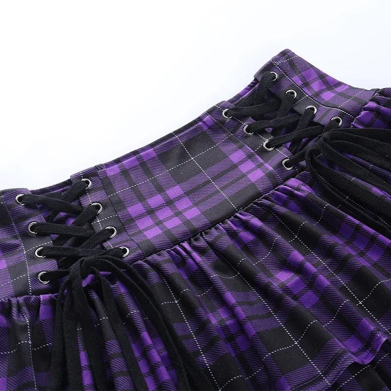 Black Checkered Pleated Gothic Mini Skirt – Punk Plaid Lace-Up Clubwear