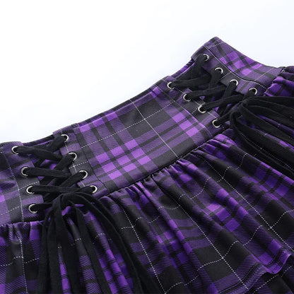 Black Checkered Pleated Gothic Mini Skirt – Punk Plaid Lace-Up Clubwear