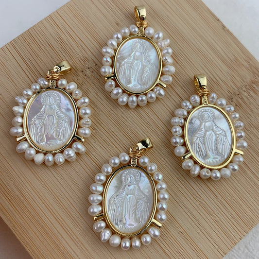 Virgin Mary Oval Medal Pendant – Freshwater Pearl & MOP Shell Charm for Jewelry Making