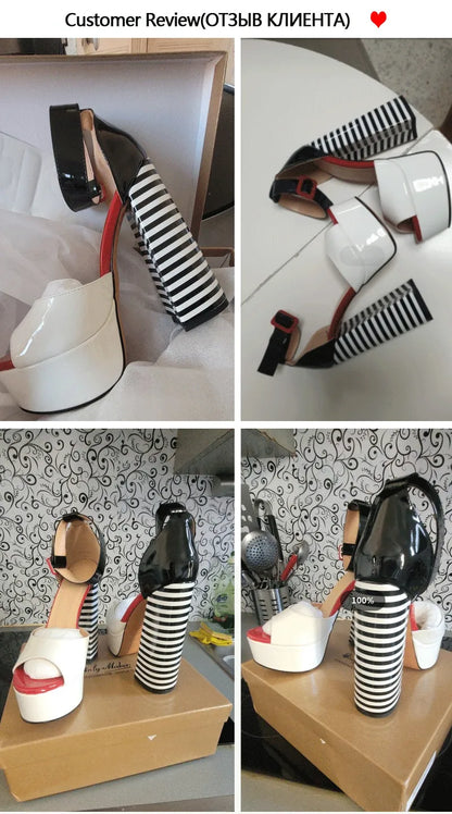 Black & White Stripe Chunky Platform Heels – Peep Toe Ankle Strap Sandals