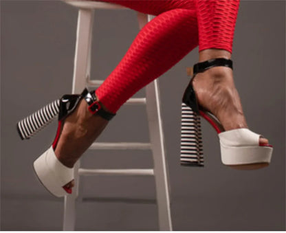 Black & White Stripe Chunky Platform Heels – Peep Toe Ankle Strap Sandals