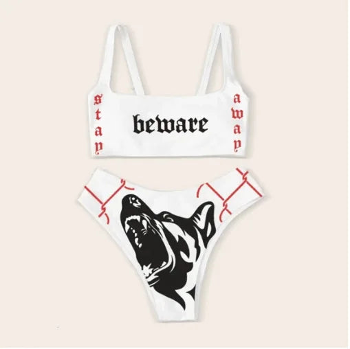 Punk Gothic Skull Print Bikini Set – V-Neck High Waist Swimwear