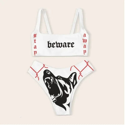 Punk Gothic Skull Print Bikini Set – V-Neck High Waist Swimwear