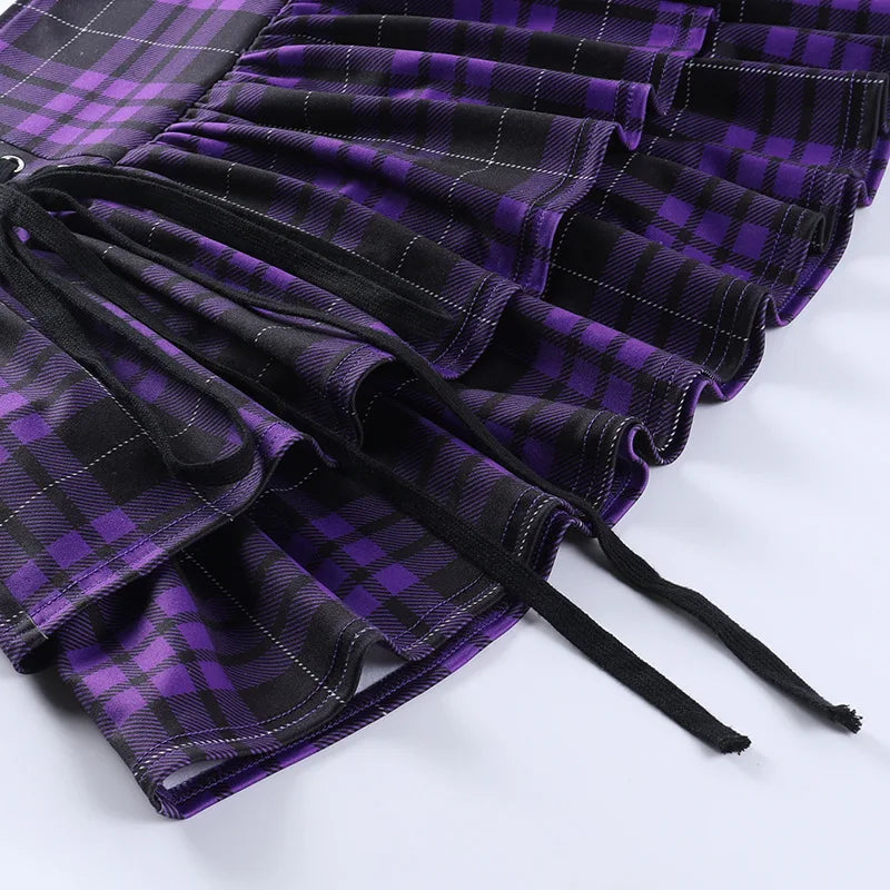 Black Checkered Pleated Gothic Mini Skirt – Punk Plaid Lace-Up Clubwear
