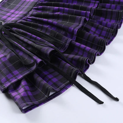 Black Checkered Pleated Gothic Mini Skirt – Punk Plaid Lace-Up Clubwear