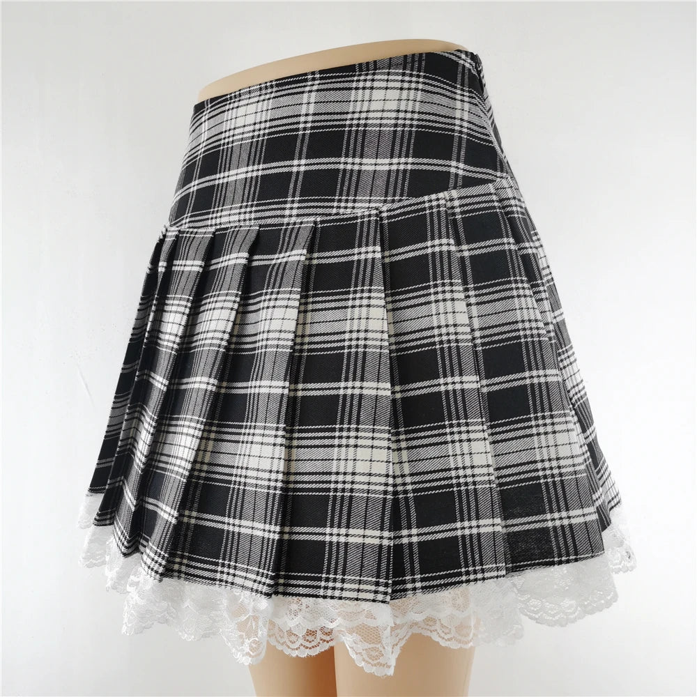 Gothic Plaid Lace Mini Skirt – Y2K Punk Harajuku Skater Style