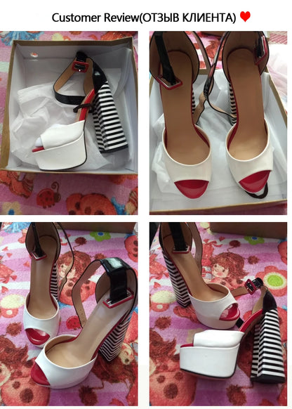 Black & White Stripe Chunky Platform Heels – Peep Toe Ankle Strap Sandals