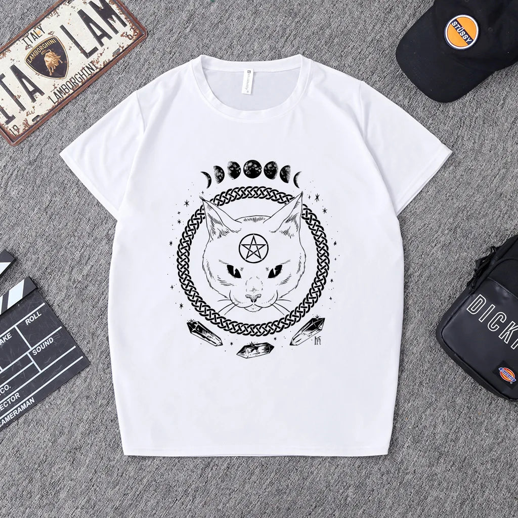 Gothic Moon Phase Cat T-Shirt – Witchcraft Space Cat Graphic Tee
