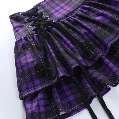 Black Checkered Pleated Gothic Mini Skirt – Punk Plaid Lace-Up Clubwear